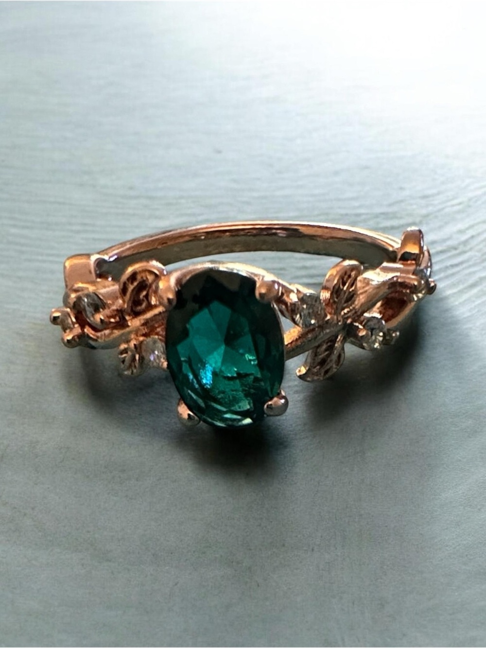 Rose Gold Floral Ring with Teal Oval Stone